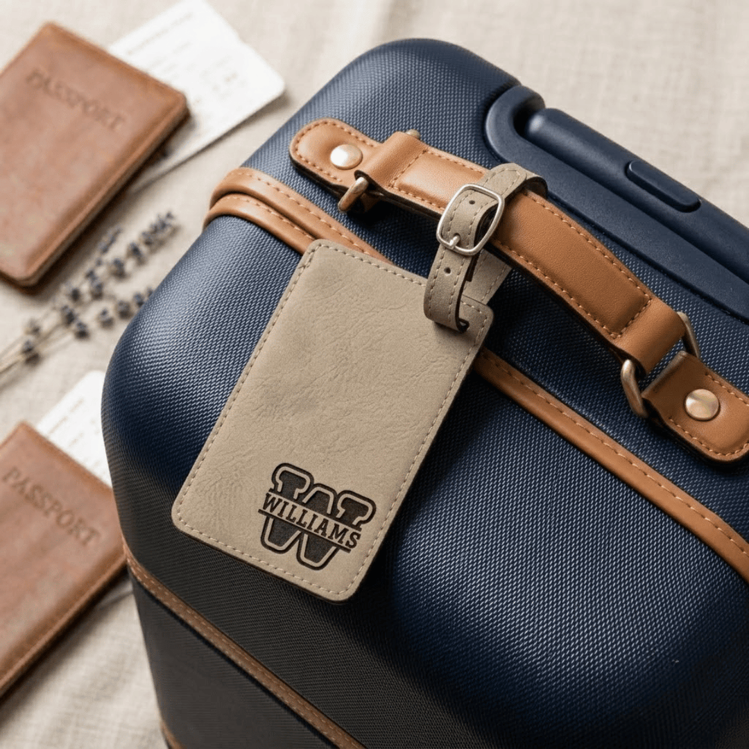 Blue suitcase with a brown strap and beige tag featuring 'Williams' varsity split monogram, surrounded by passports on a textured surface.
