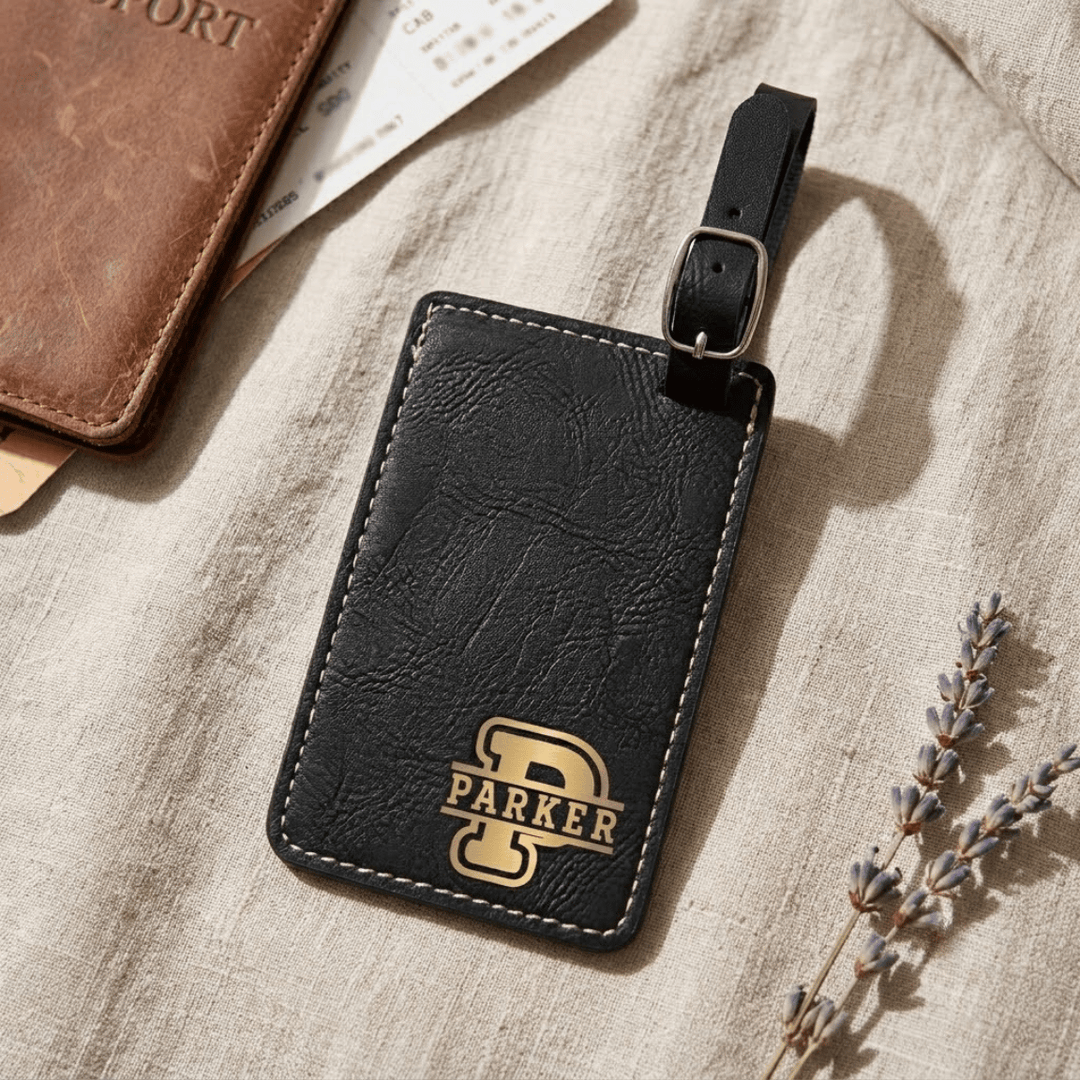 Black leather luggage tag with gold 'Parker' monogram on a textured surface with a brown leather item and lavender sprig.