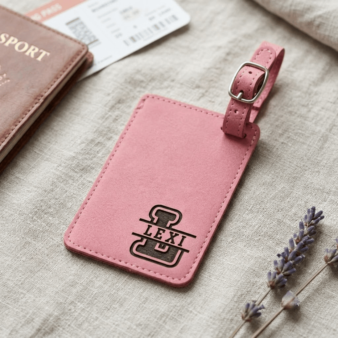 Pink luggage tag with 'LEXI' monogram engraved in black in bottom right corner. Tag is laying on a textured surface with a passport and lavender flowers.
