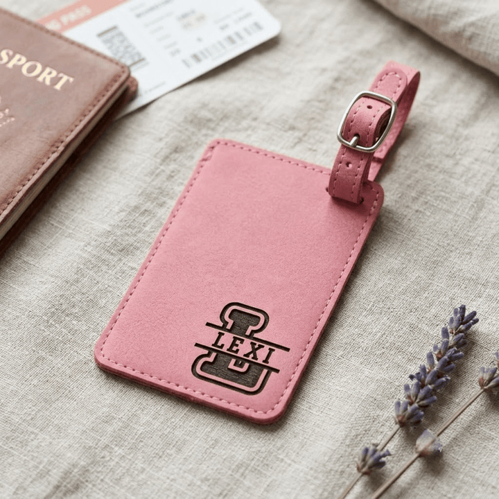 Pink luggage tag with 'LEXI' monogram engraved in black in bottom right corner. Tag is laying on a textured surface with a passport and lavender flowers.