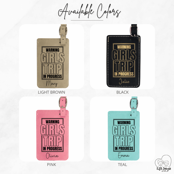 Warning Girls Trip In Progress Luggage Tag | Funny Personalized Laser Engraved Leatherette