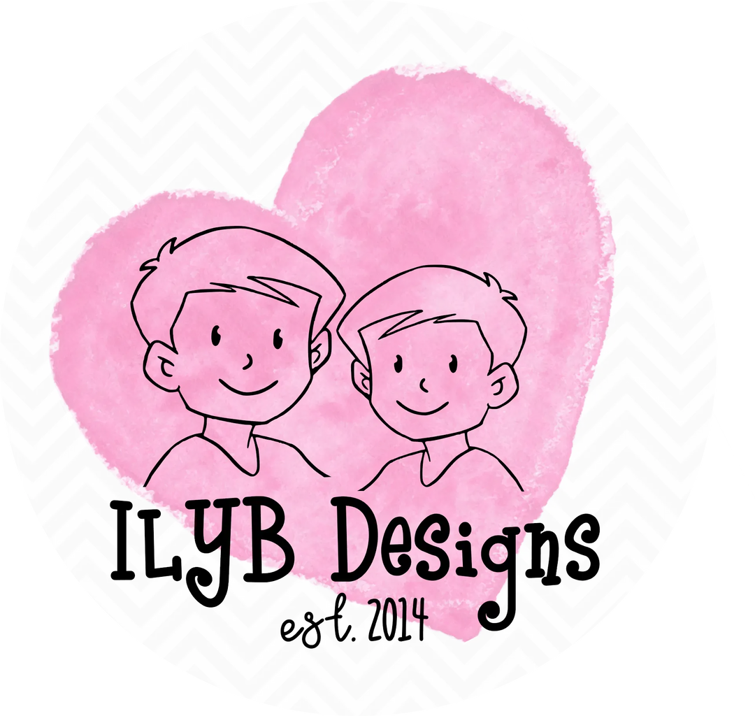 Logo with two cartoon characters inside pink hearts and 'ILYB Designs est. 2014' text on a white background