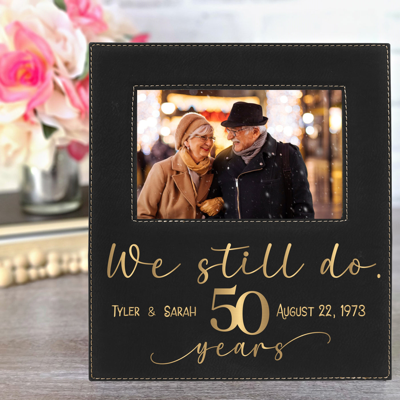 We Still Do Black & Gold Leatherette Picture Frame | 50th Wedding Anniversary Gift
