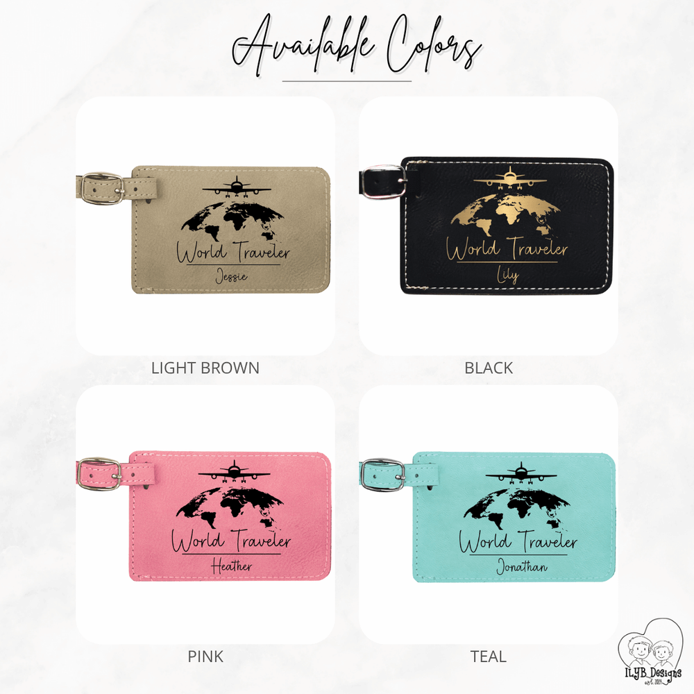 Four luggage tags with 'World Traveler' design in different colors on a white background.