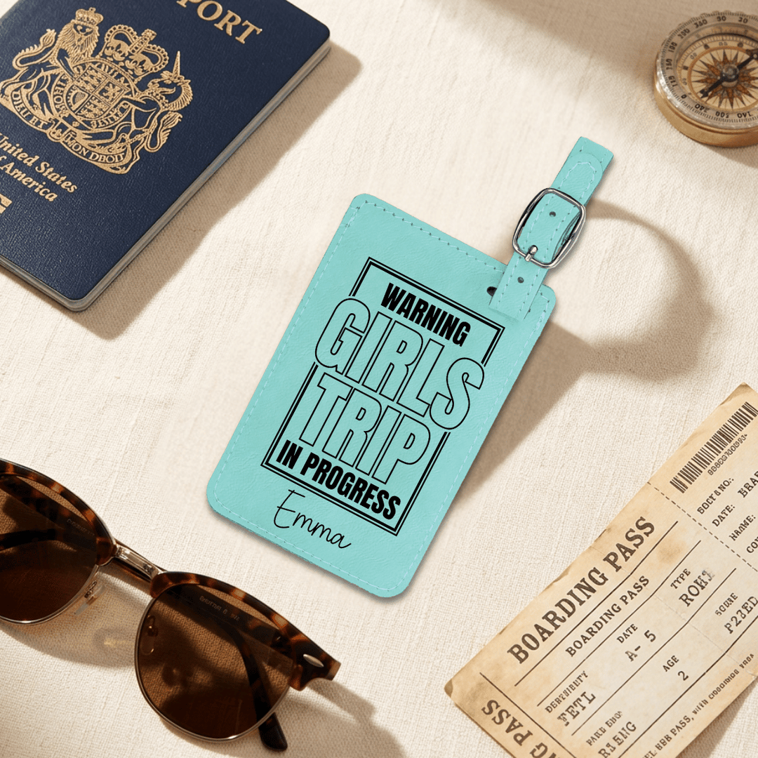 Warning Girls Trip In Progress Luggage Tag | Funny Personalized Laser Engraved Leatherette