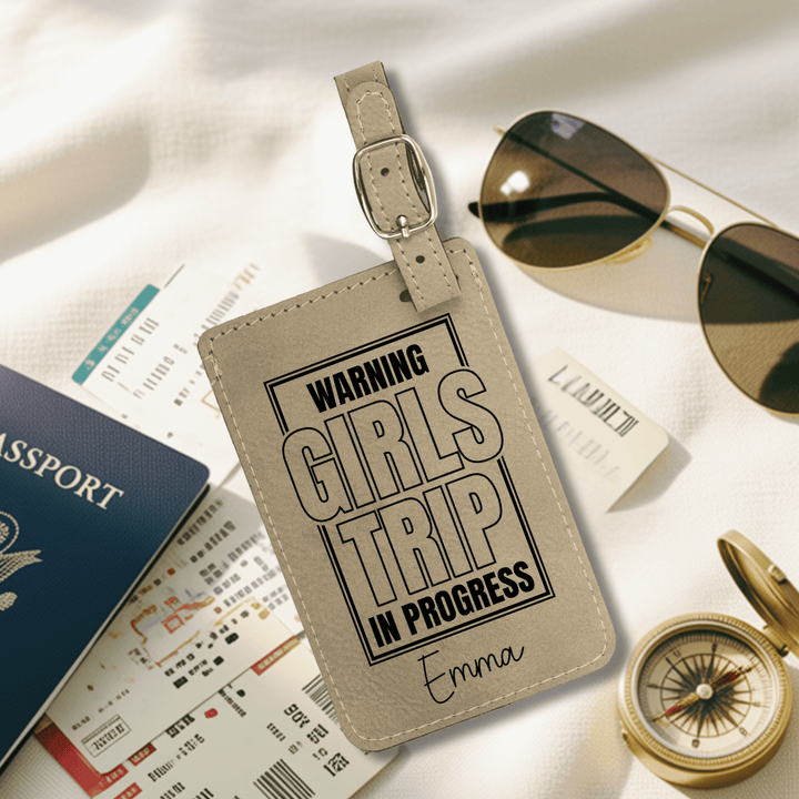 Warning Girls Trip In Progress Luggage Tag | Funny Personalized Laser Engraved Leatherette