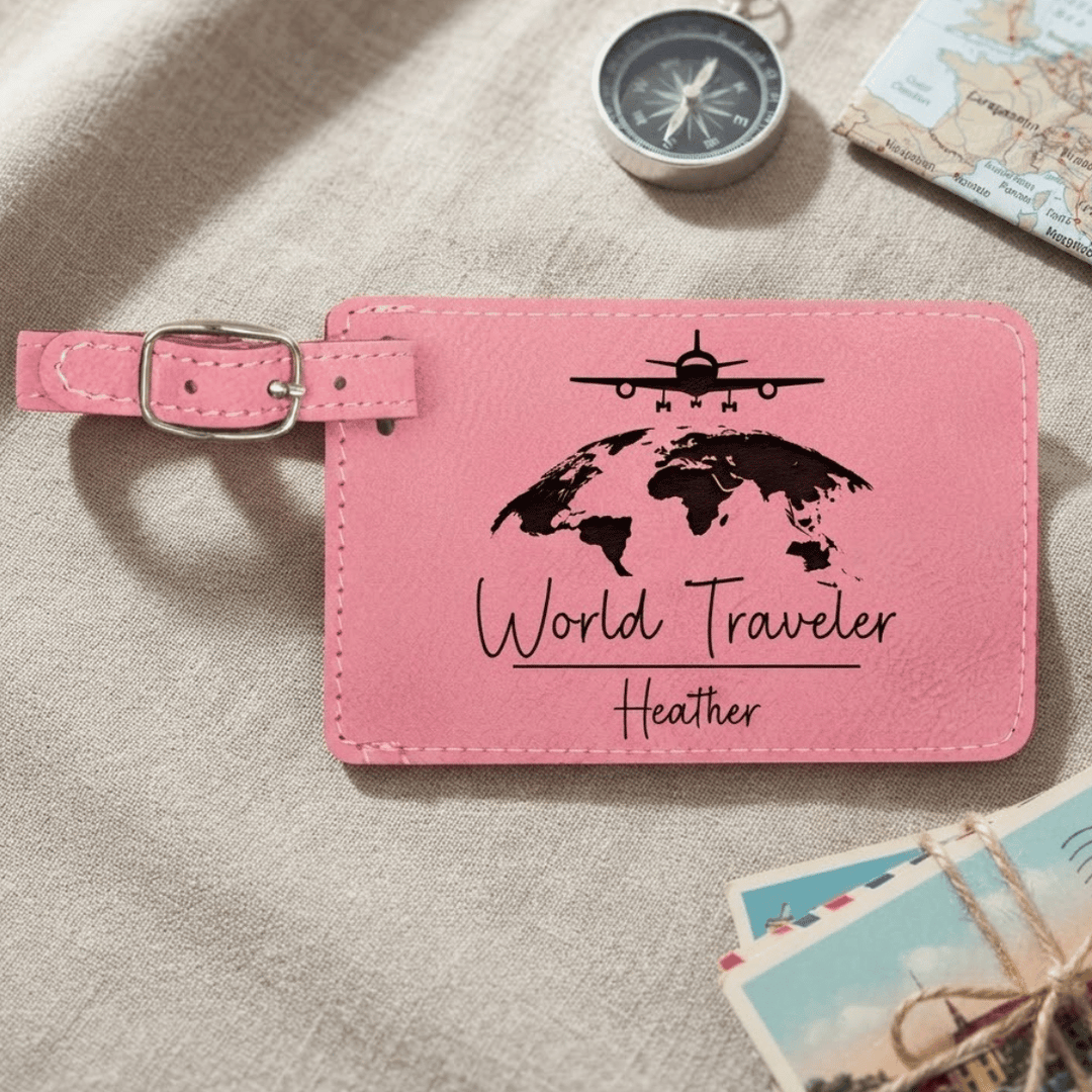 Personalized World Traveler Luggage Tag | Laser Engraved Leatherette World Map Travel Gift