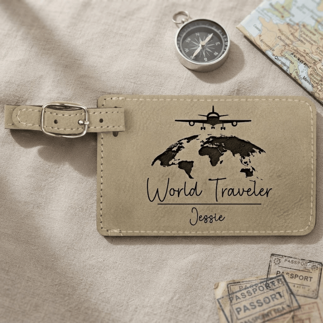 Personalized World Traveler Luggage Tag | Laser Engraved Leatherette World Map Travel Gift