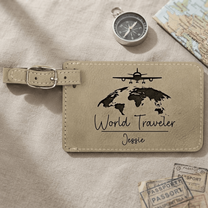 Personalized World Traveler Luggage Tag | Laser Engraved Leatherette World Map Travel Gift