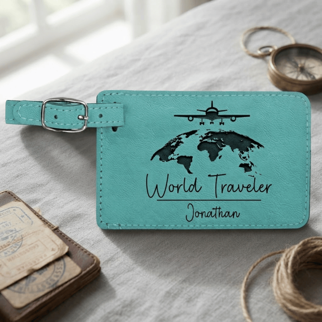 Personalized World Traveler Luggage Tag | Laser Engraved Leatherette World Map Travel Gift