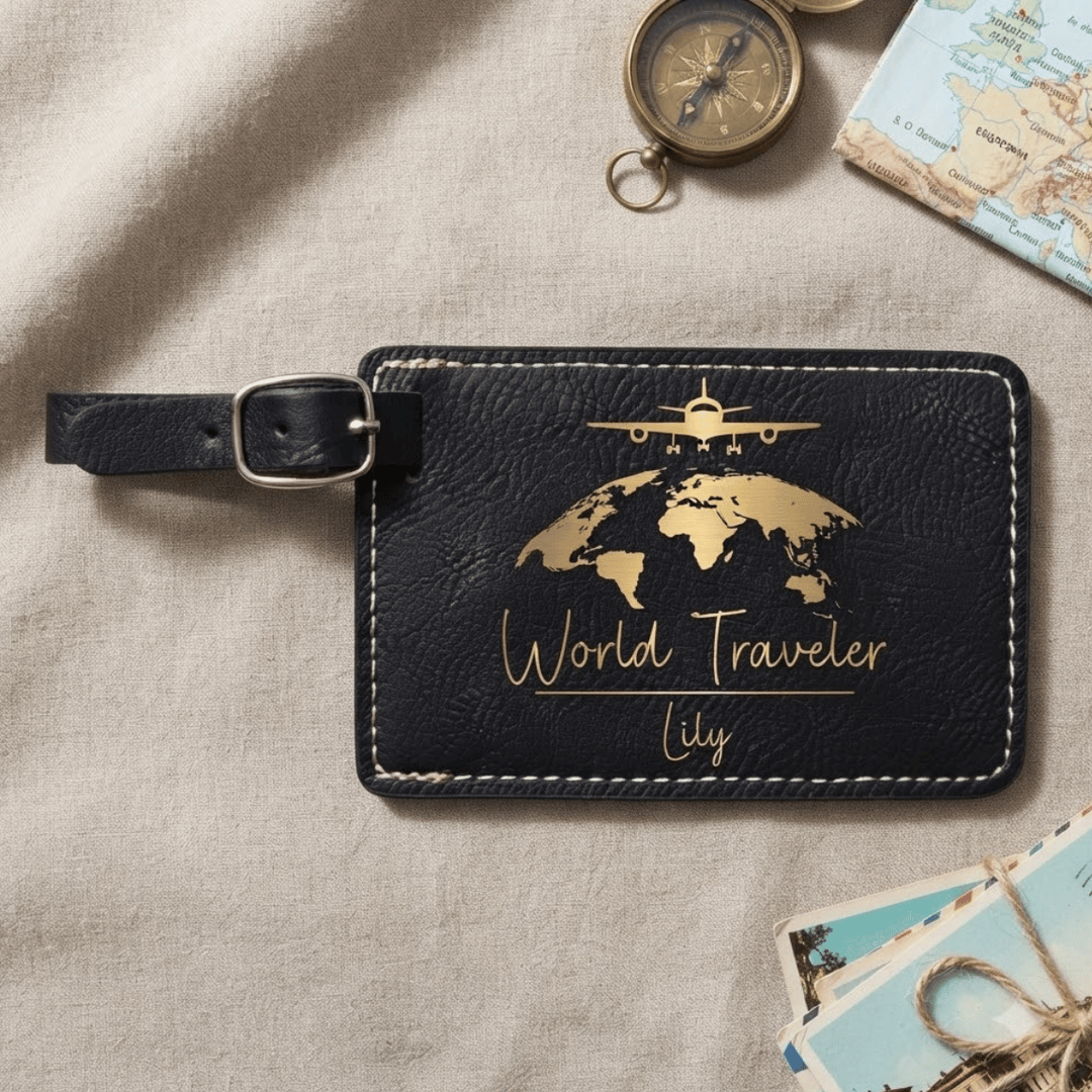 Personalized World Traveler Luggage Tag | Laser Engraved Leatherette World Map Travel Gift