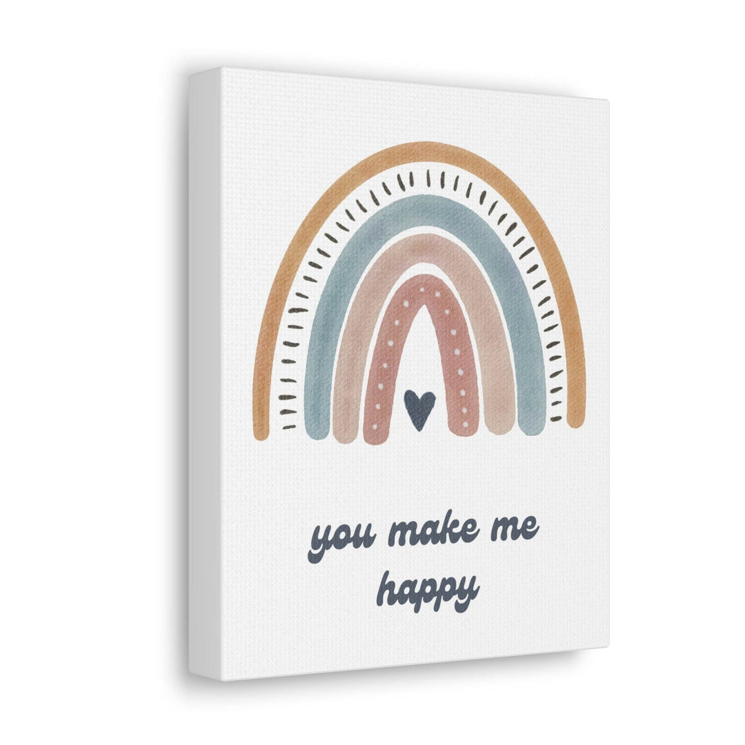 Canvas print with a watercolor boho rainbow and text 'you make me happy' on a white background