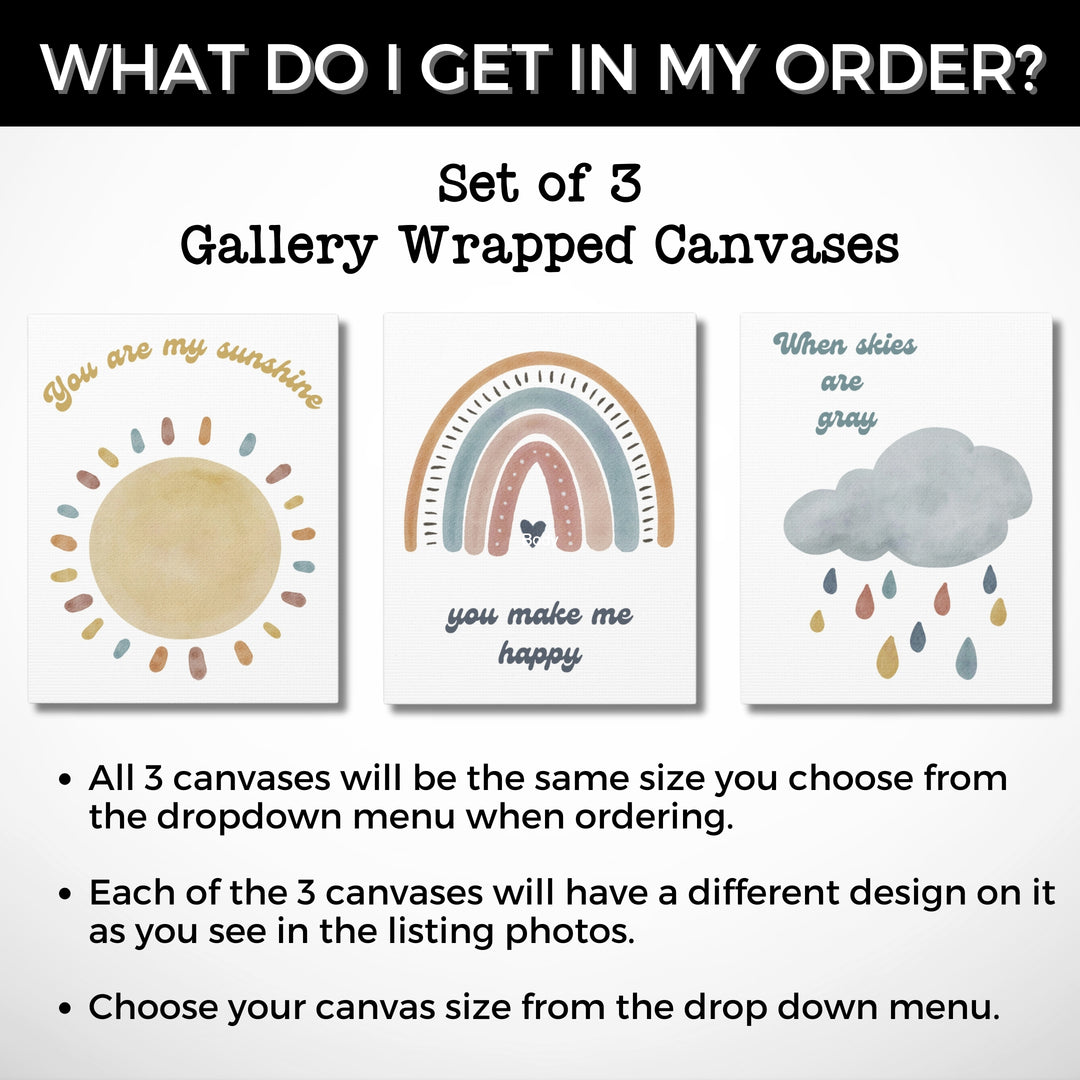 You Are My Sunshine Nursery Wall Art | Set of 3 Canvas Gallery Wraps