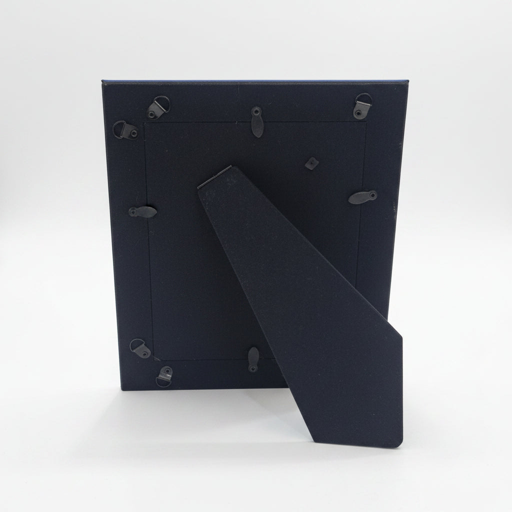 The back of a black picture frame with metal hanging clips and a fold-out leg, standing on a white tabletop in an indoor room setting.