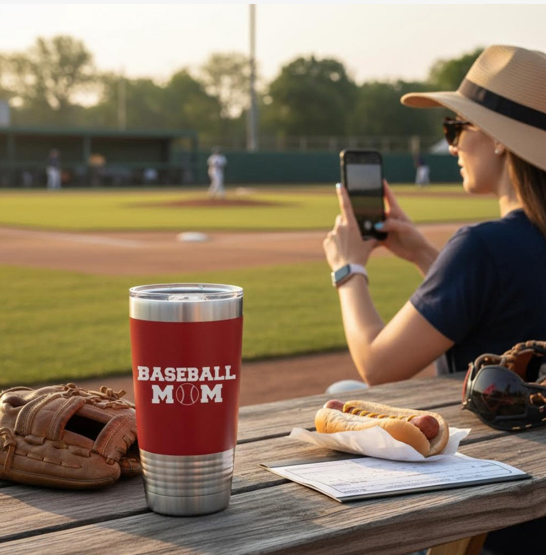 Person at a baseball game with a 'Baseball Mom' cup and hot dog on a wooden table.