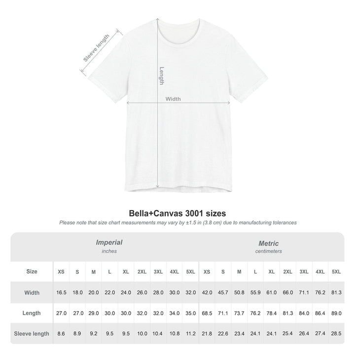 Graphic: White Bella+Canvas 3001 t-shirt with measurement chart on a white background