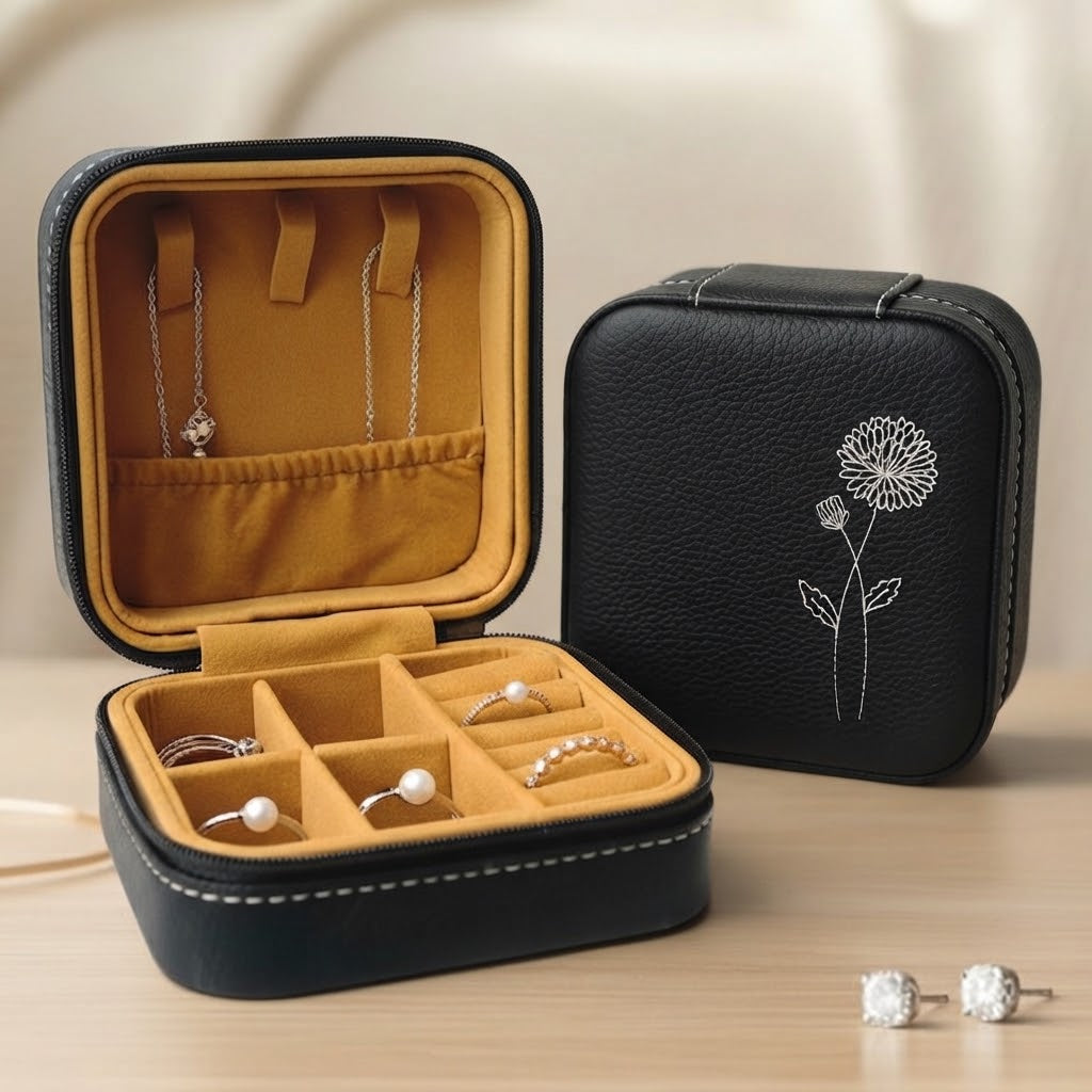 A black faux-leather jewelry organizer case shown open and closed on a light wood surface. The open case has a mustard-yellow interior with ring slots, a necklace loop, and small pearl and silver rings displayed inside.
