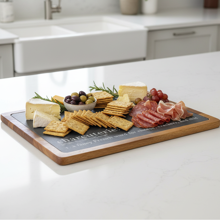 Charcuterie board made of slate and acacia wood with meats, cheeses, and crackers on a kitchen counter and a funny definition of charcuterie board engraved on the slate