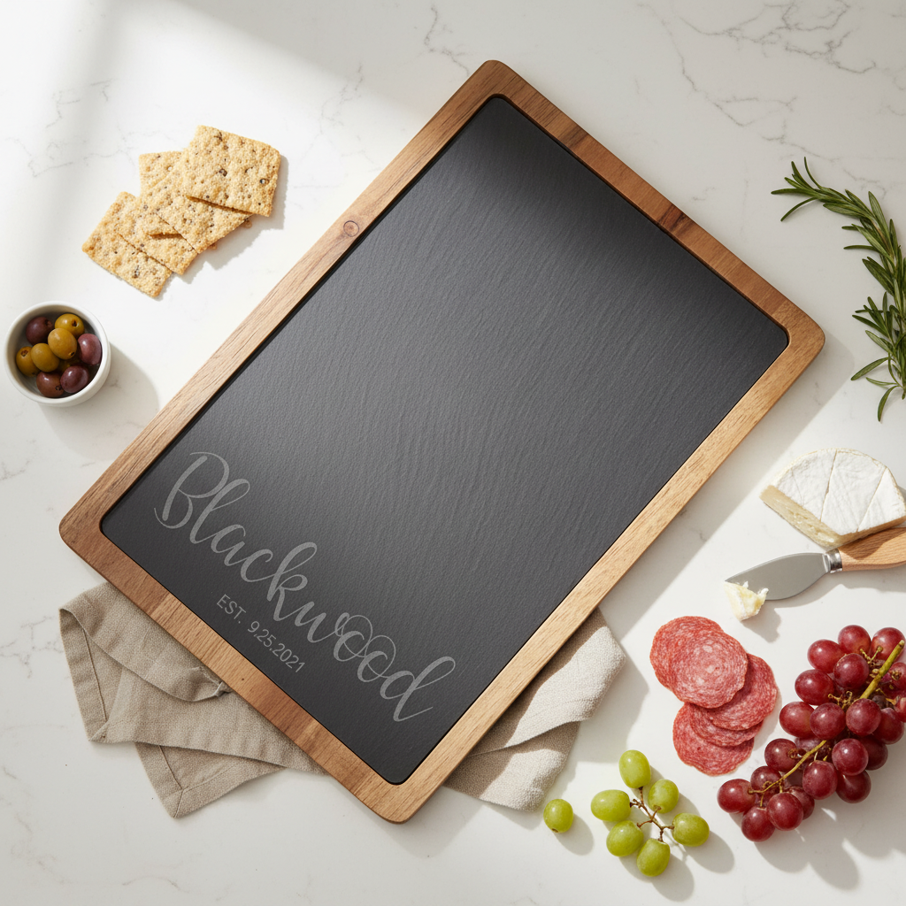 wood and slate charcuterie board with couples name and established date on a marble surface with food items.