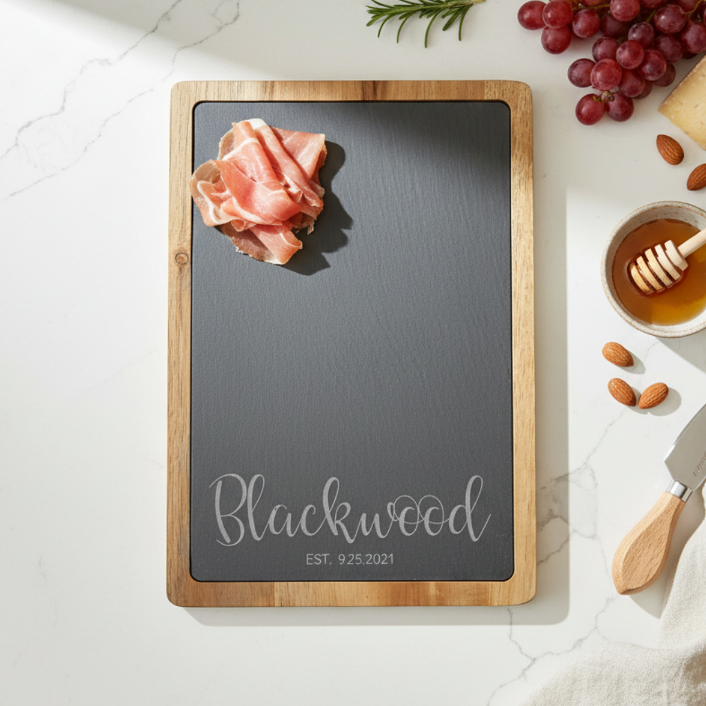 Wood and slate charcuterie board with 'Blackwood' engraved in slate on a marble surface with food items.