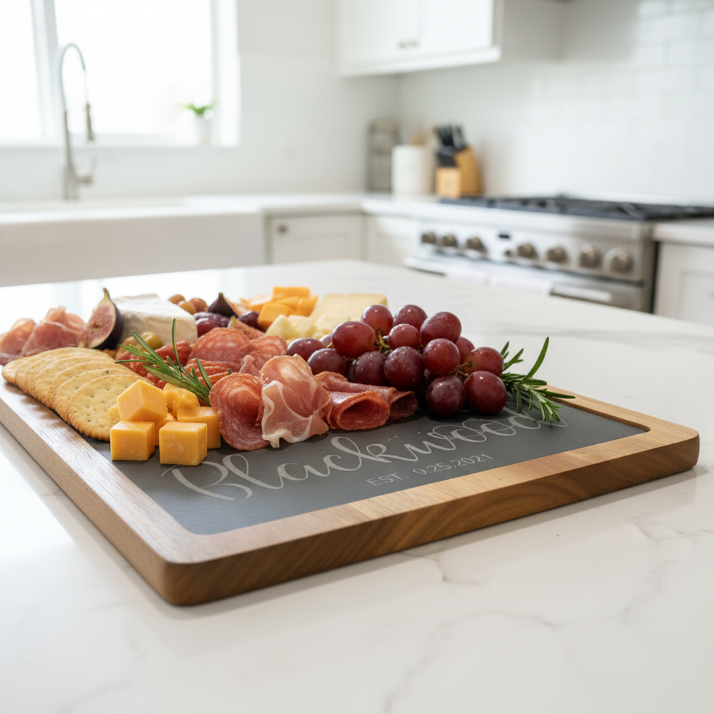 Wood and slate charcuterie board with name and established date engraved in slate with meats, cheeses, and grapes on a kitchen counter.