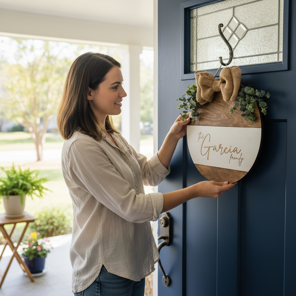 Woman hanging a decorative sign on a blue door with plants around.