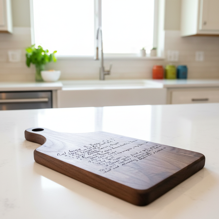 Wooden cutting board with handwritten text on a kitchen counter