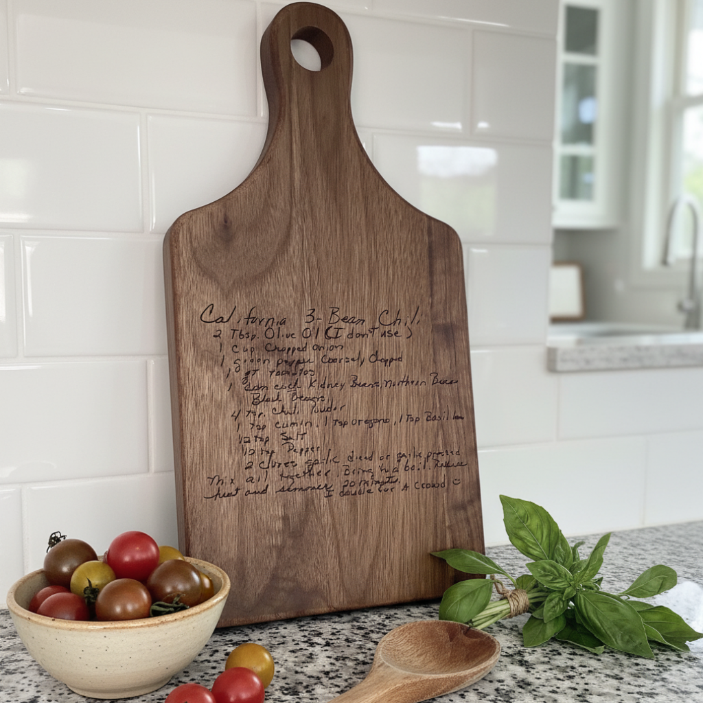 Wooden cutting board with engraved handwritten recipe on a kitchen counter with tomatoes and basil.