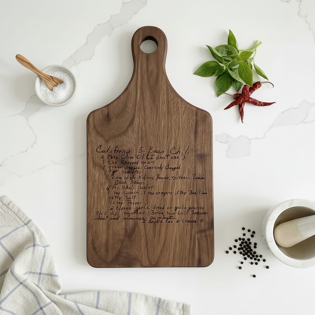 Wooden cutting board with engraved recipe on a white surface with kitchen items.