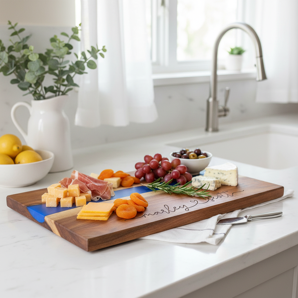Wooden charcuterie board with assorted meats, cheeses, and fruits on a kitchen counter with engraved names on the bottom