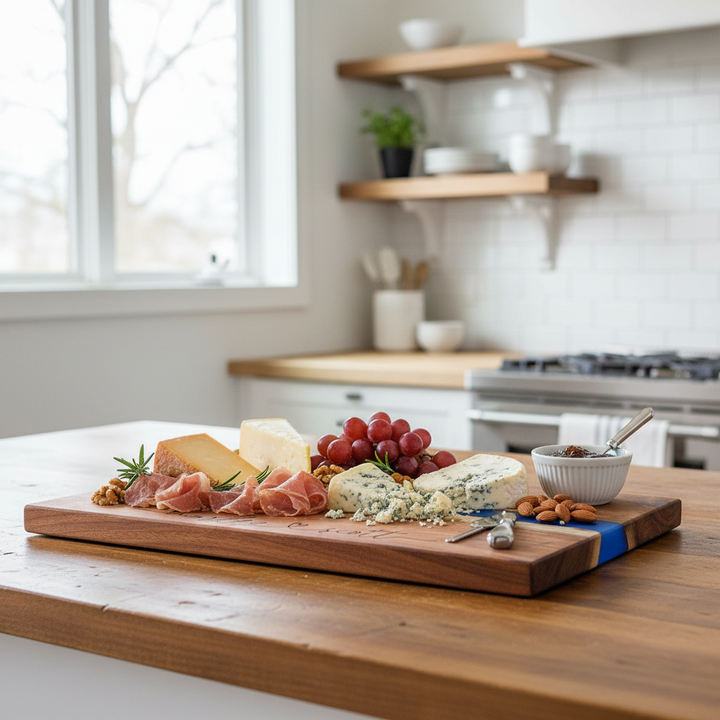 Wooden cutting board with assorted meats, cheeses, and fruits on a kitchen counter with engraved names on the bottom