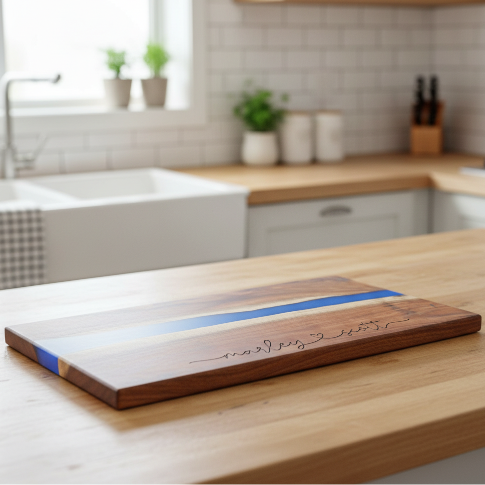 Wooden cutting board with blue resin inlay in the middle and engraved names in modern script font connected with a heart on a kitchen counter