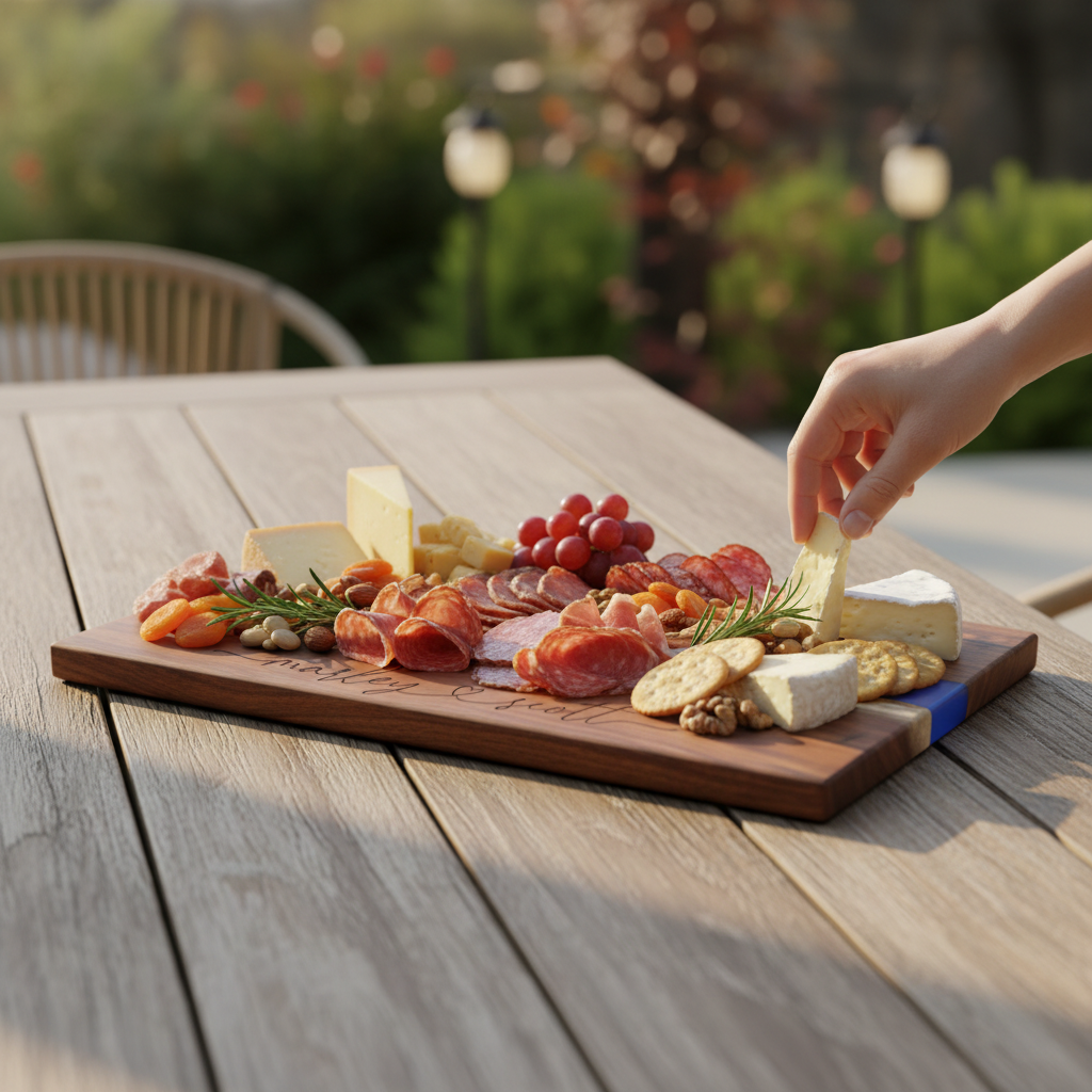 Wooden charcuterie board with assorted meats, cheeses, and fruits on a wooden table outdoors. Names in a modern script font connected with a heart are engraved on board with a blue resin inlay. Hand is reaching for cheese.