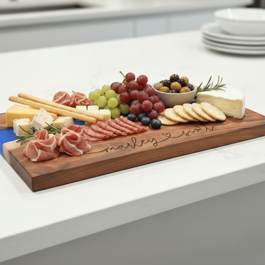 wooden charcuterie board with meats and cheese and 'marley and scott' engraved on bottom with heart connecting names