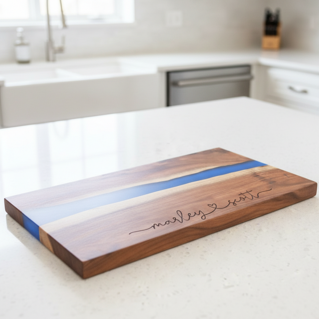 Wooden cutting board with blue resin strip on a kitchen counter