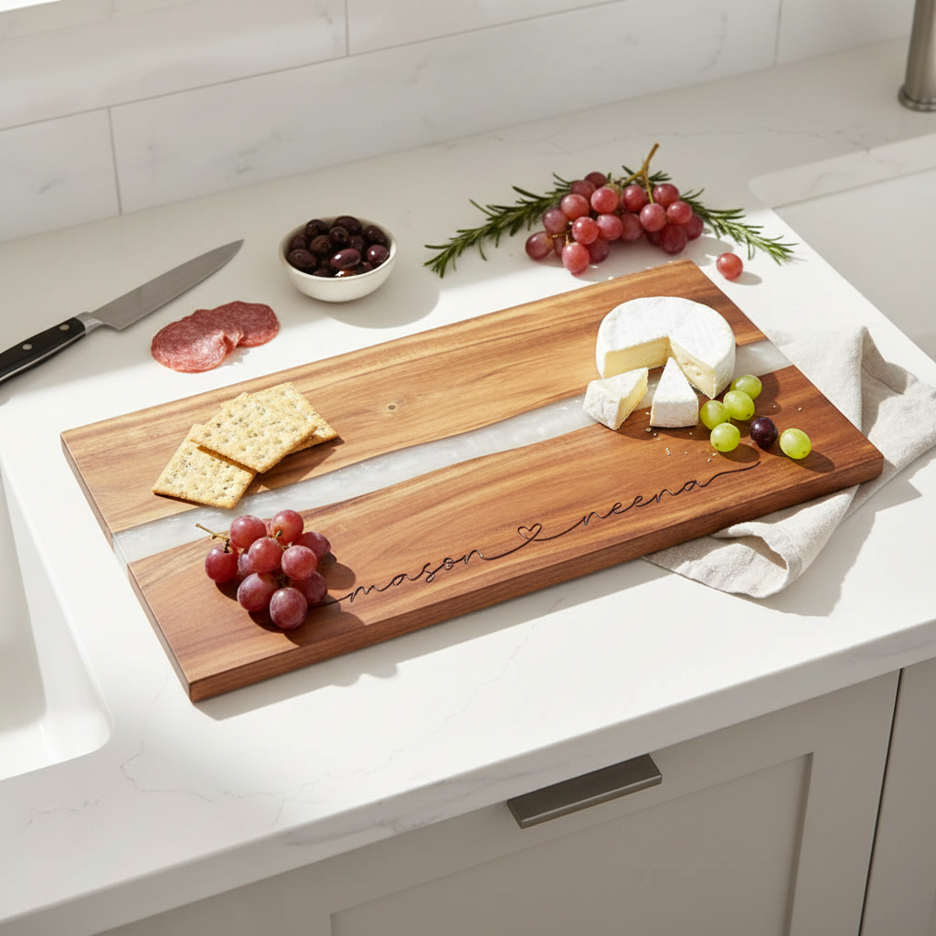 Wooden charcuterie board with 2 engraved names connected with a heart in a modern script, with cheese and grapes on a kitchen counter