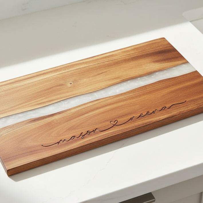 Wooden cutting board with white resin in the middle with engraved text on a white countertop.