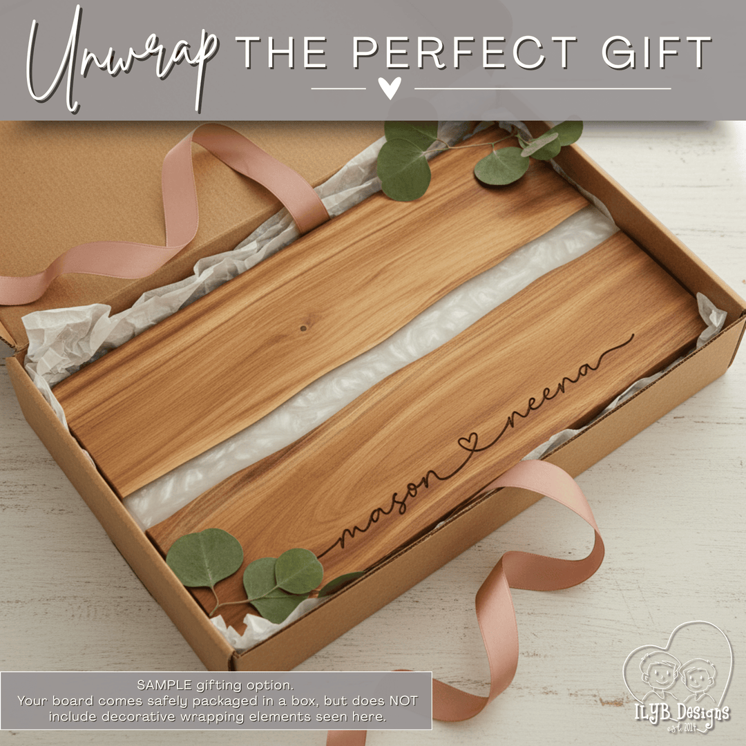 Wooden board with engraved name in a gift box with decorative elements