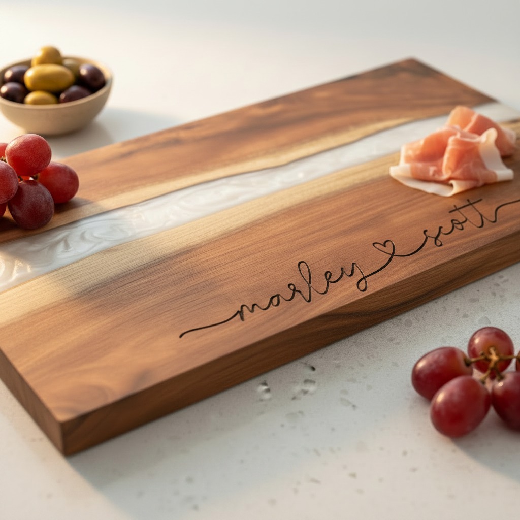 acacia wood and pearl white resin charcuterie board with engraved names on the bottom connected with a heart in the middle sitting on a counter with grapes, olives, and meats