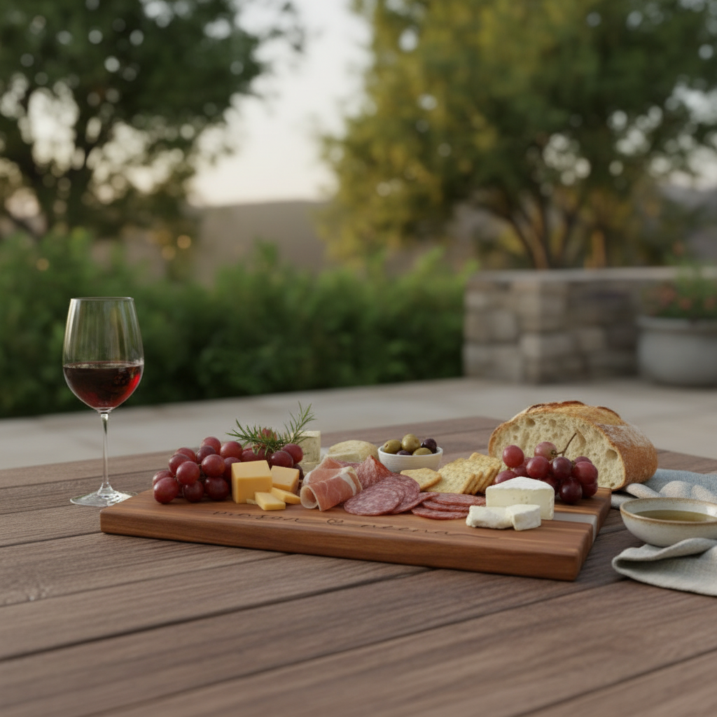 Wooden charcuterie board with meats, cheeses, and grapes on a wooden table outdoors.