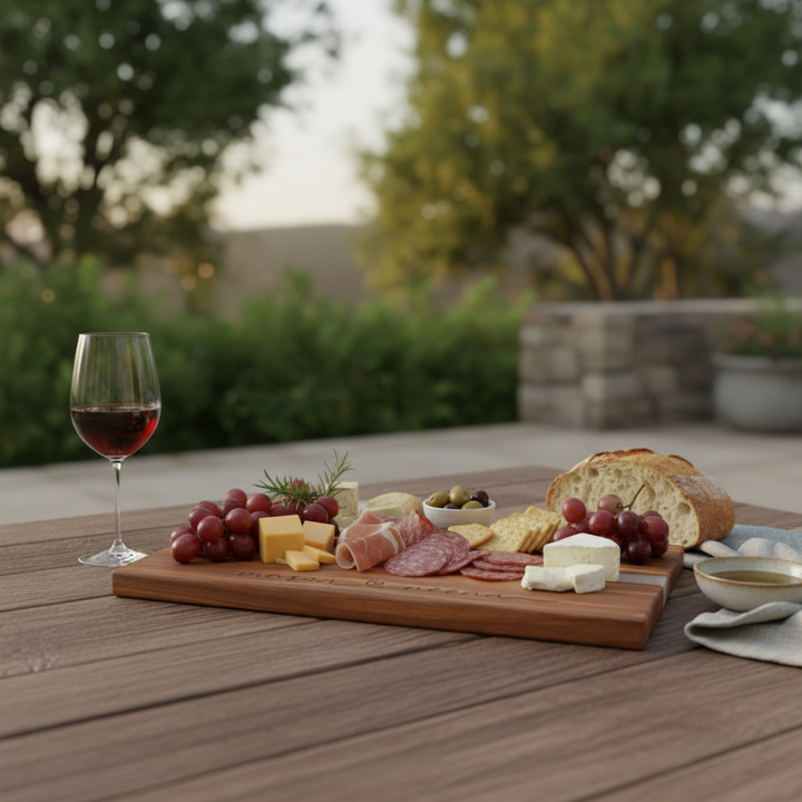 Wooden charcuterie board with meats, cheeses, and grapes on a wooden table outdoors.