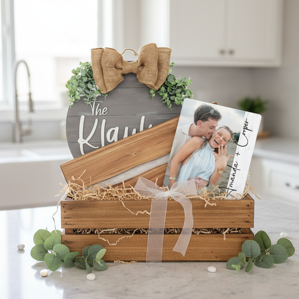 Decorative wooden sign with a bow, photo of a couple, and a cutting board put together in a crate as a gift set sitting in a kitchen setting