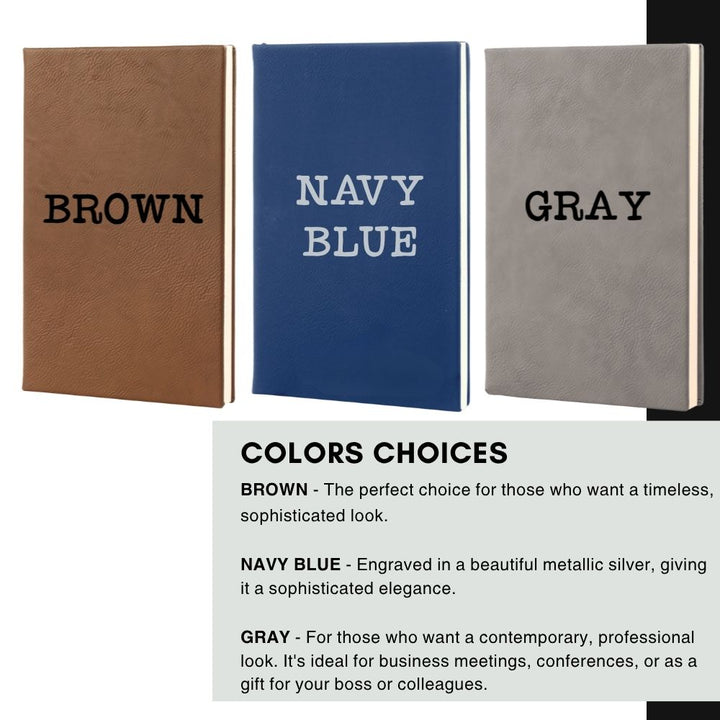 Three hardcover journal covers shown side by side in brown, navy blue, and gray, each with the word &