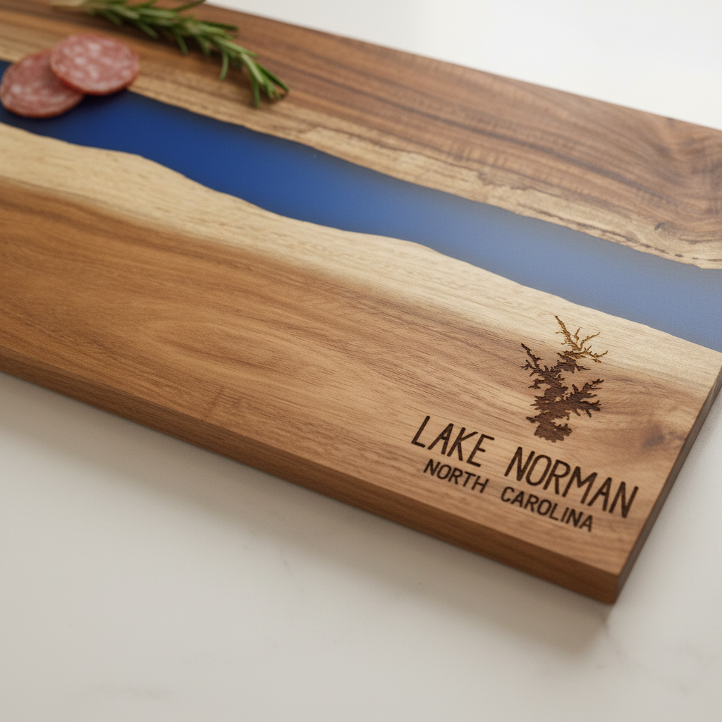 Wooden cutting board with blue resin inlay and engraved Lake Norman silhouette with text that reads 'Lake Norman North Carolina' on a white surface.