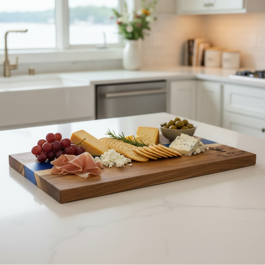 Acacia wood and blue resin inlay charcuterie board with assorted meats, cheeses, and fruits on a kitchen counter. Custom lake silhouette and lake name engraved in bottom right corner.