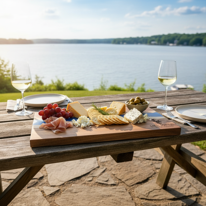 Outdoor setting with a wooden table by a lake, featuring a cheese charcuterie board engraved in the bottom right corner with a lake name and lake silhouette and glasses of white wine.