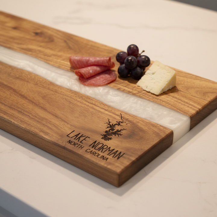 Custom Lake Name Charcuterie Board | Acacia Wood Pearl White Resin