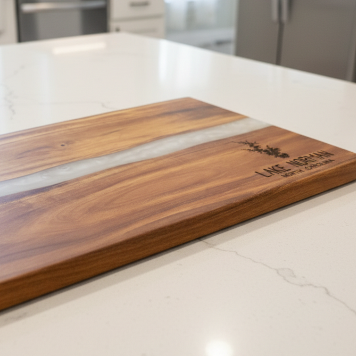 Wooden cutting board with resin inlay on a kitchen counter