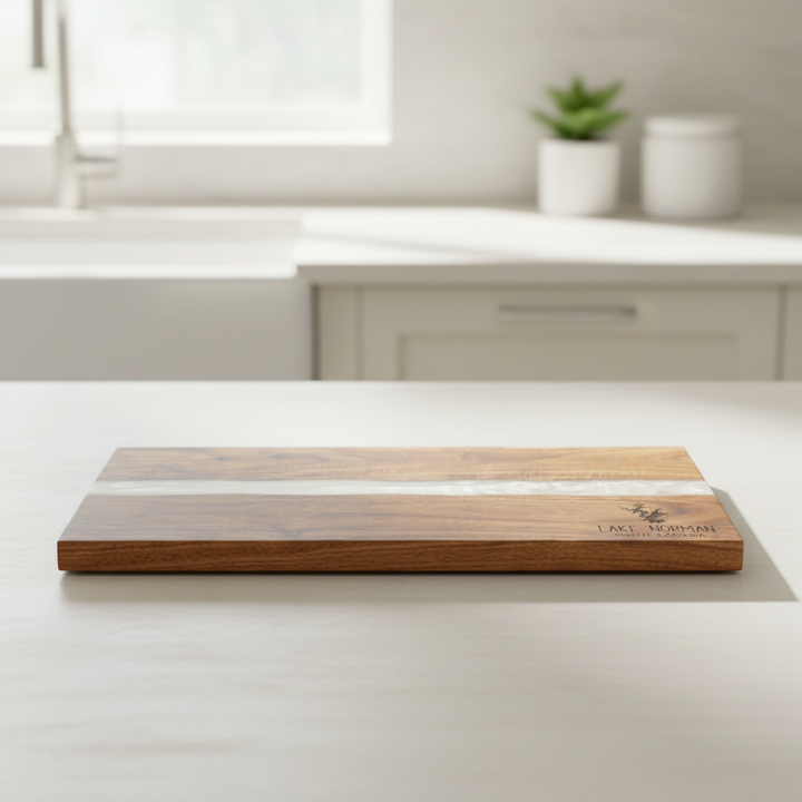 Wooden cutting boards on a kitchen counter with blurred background