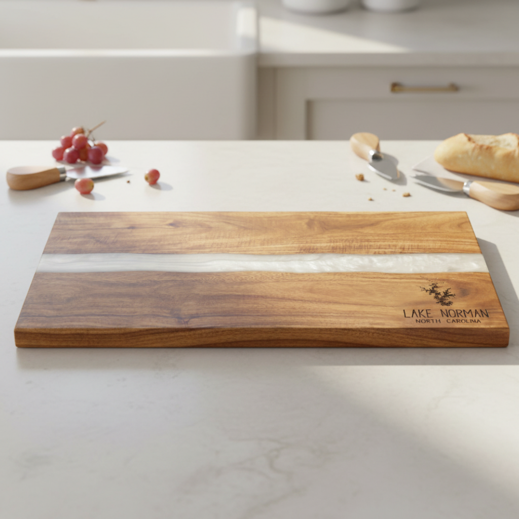 Wooden cutting board with white inlay on a kitchen counter